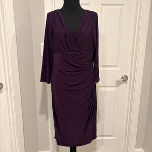 Lauren Ralph Lauren Faux Wrap Ruched Dress, V Neck, Long Sleeves, Purple, Sz 10